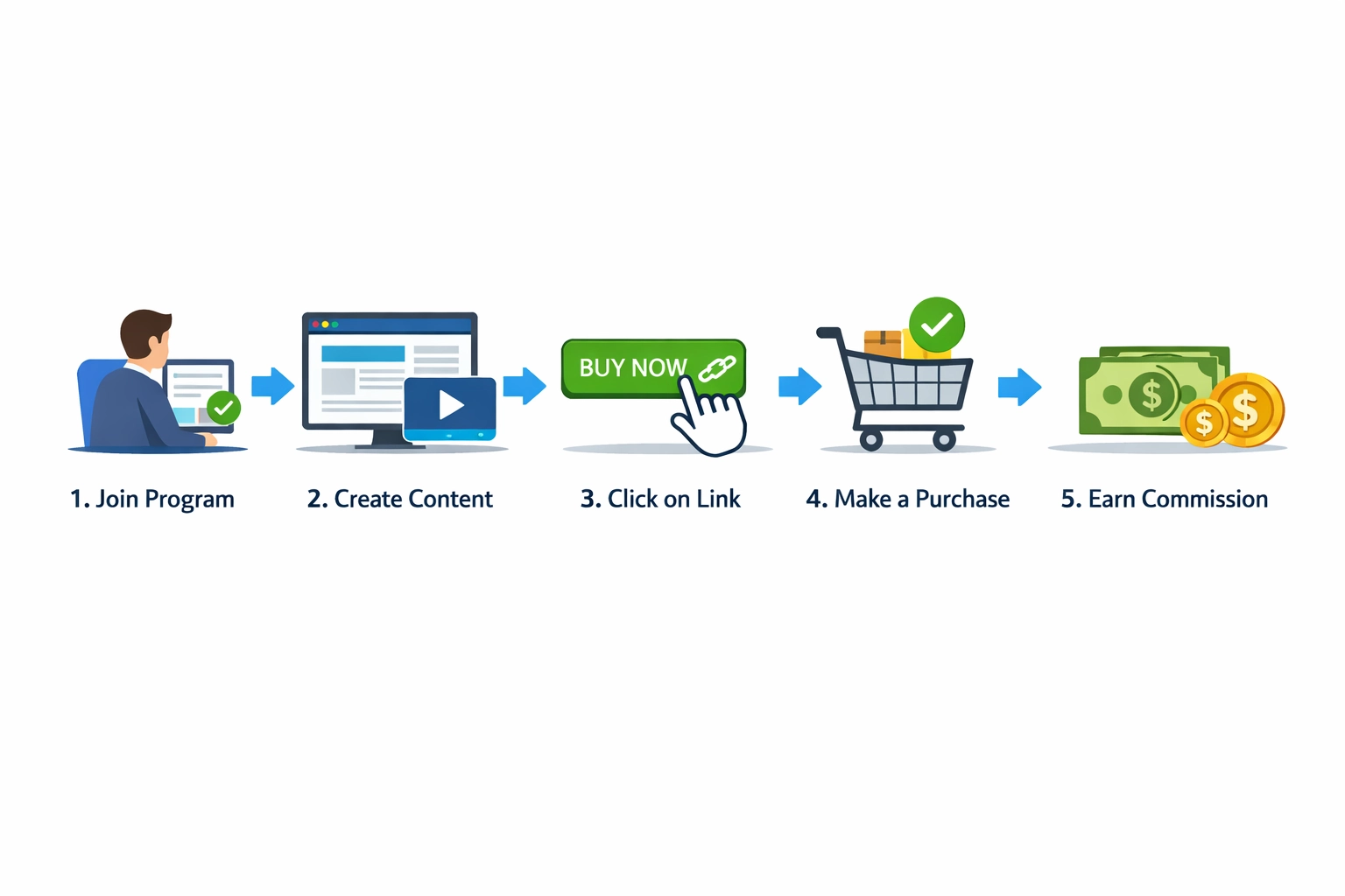 Step-by-step affiliate marketing workflow showing 5 sequential steps from program application to commission earning