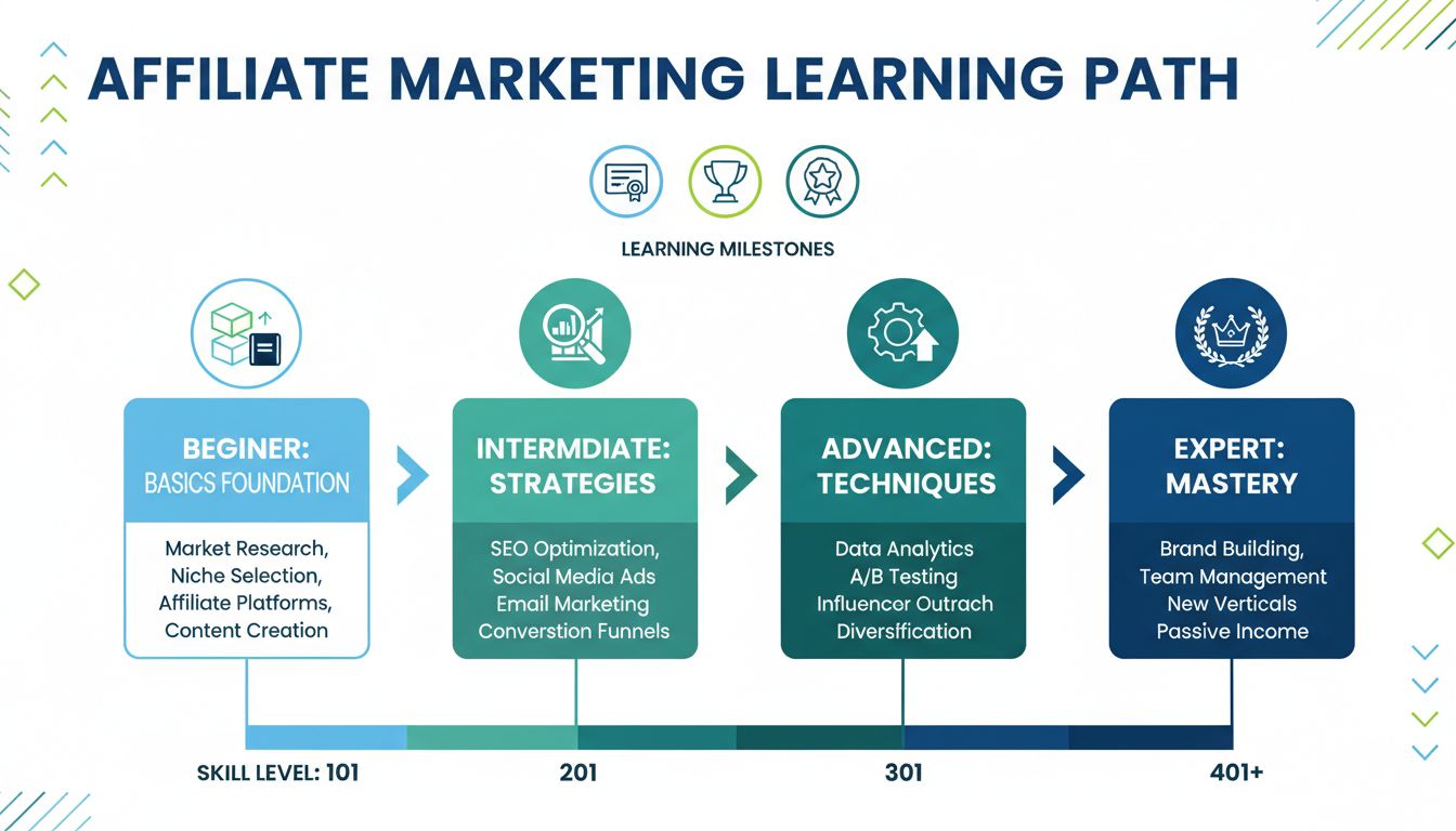 Progresión de aprendizaje en marketing de afiliados de principiante a avanzado con camino paso a paso mostrando la base, estrategias intermedias, técnicas avanzadas y dominio experto