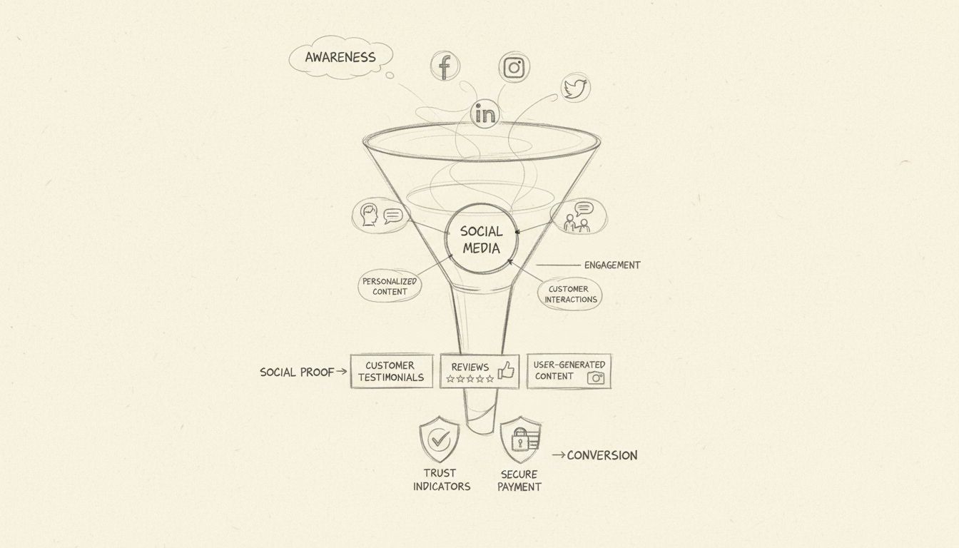 Diagrama de embudo de inbound marketing que muestra compromiso en redes sociales, contenido personalizado, prueba social y etapas de conversión