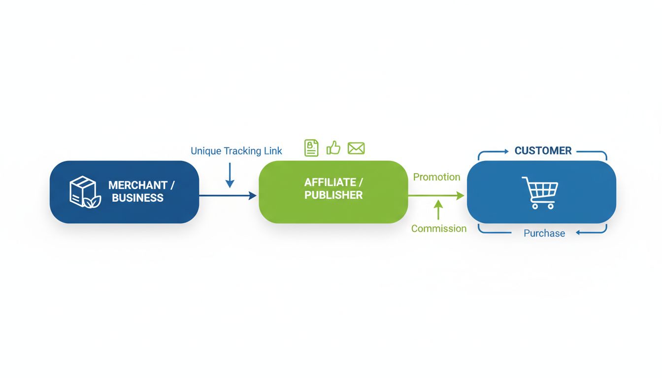 Diagrama de flujo de programa de marketing de afiliados mostrando comerciante, afiliado, cliente y estructura de comisiones