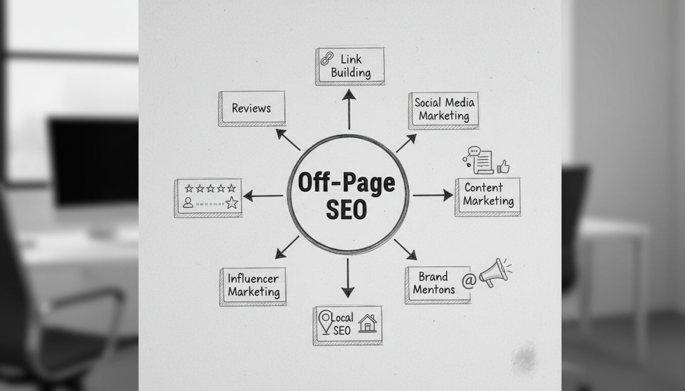 Diagrama de estrategias de SEO off-page mostrando link building, marketing en redes sociales, marketing de contenidos, menciones de marca, SEO local, marketing de influencers y reseñas