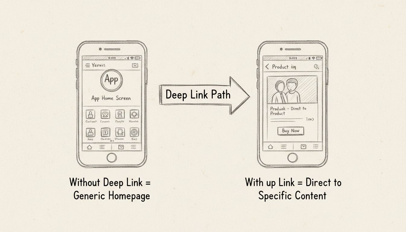 Diagrama de deep linking móvil mostrando la navegación directa a contenido específico de la app versus la página de inicio genérica