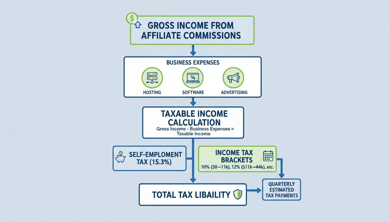 Diagrama de flujo del cálculo de ingresos imponibles para afiliados, mostrando ingreso bruto, gastos del negocio y obligación fiscal