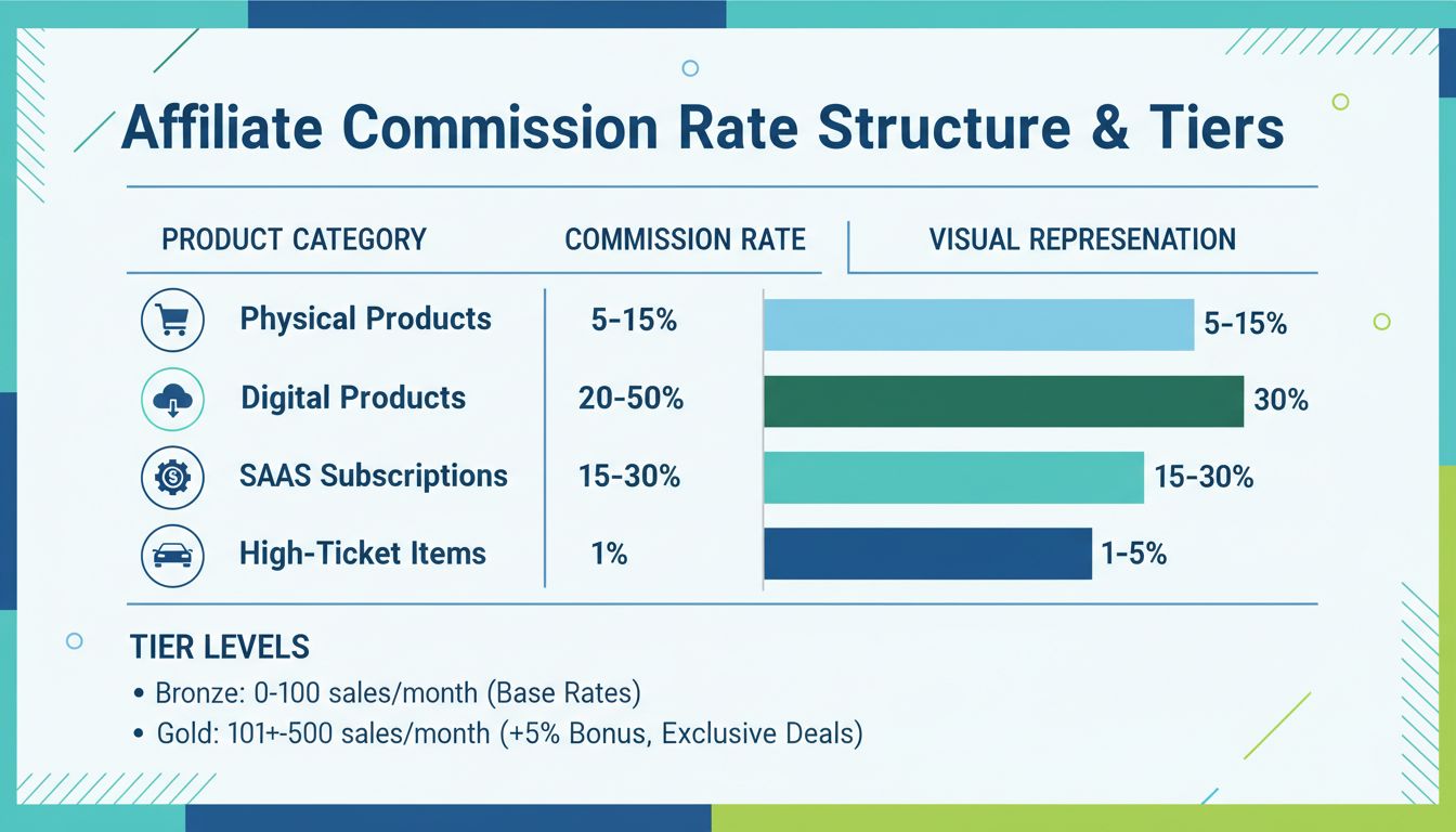 Estructura de tasas de comisión de afiliados que muestra diferentes categorías de productos con rangos porcentuales y barras comparativas visuales