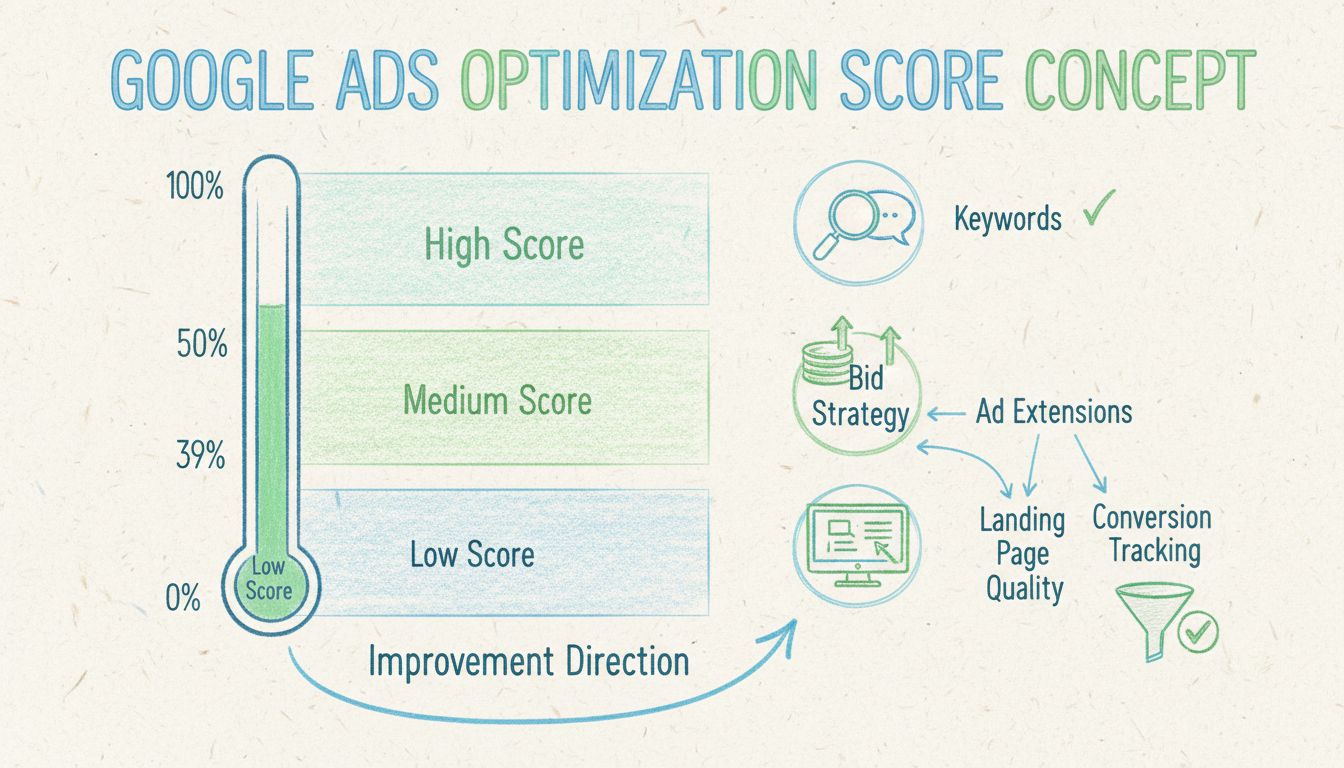 Diagrama dibujado a mano que muestra la escala de puntuación de optimización de Google Ads de 0 a 100% con zonas de rendimiento y factores clave de optimización