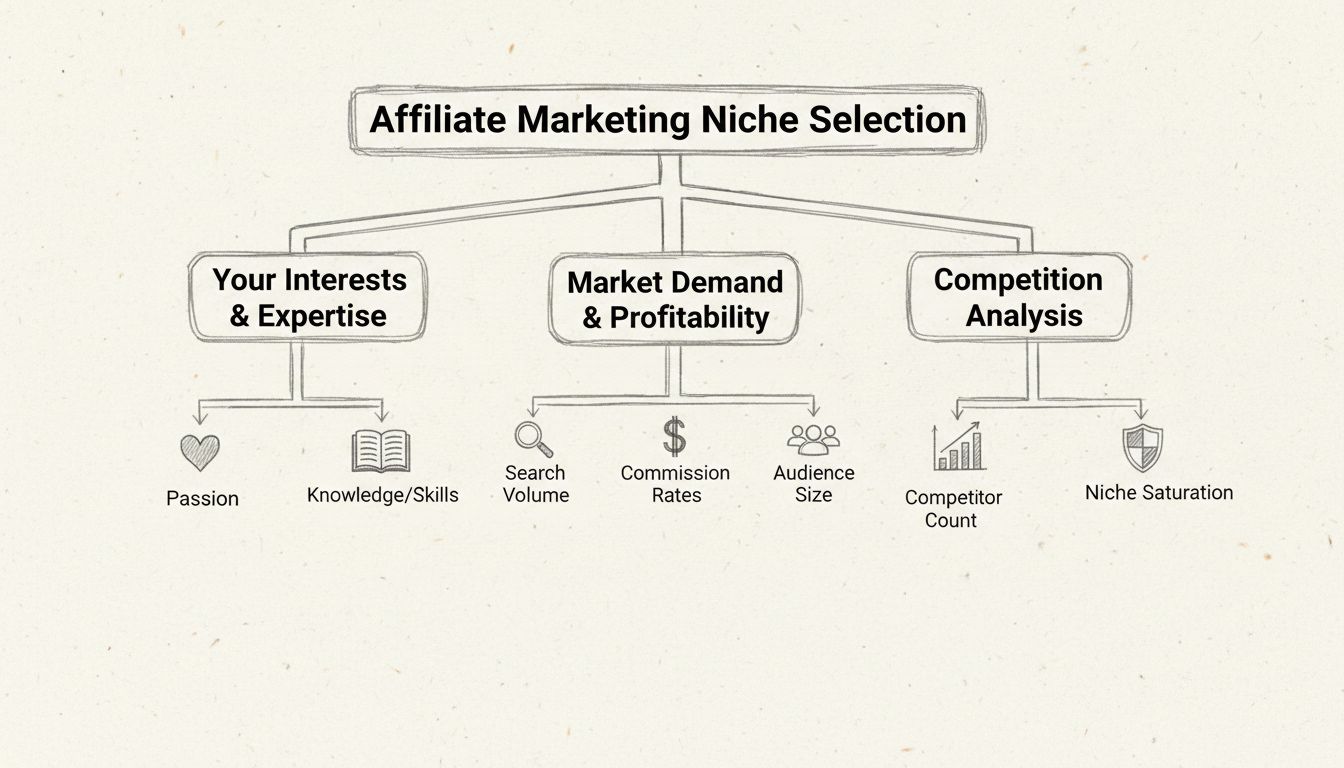 Diagrama de árbol de decisiones para elegir nicho de marketing de afiliados que muestra tres ramas principales: intereses y experiencia, demanda de mercado y rentabilidad, y análisis de la competencia