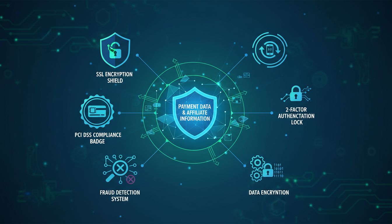Capas de seguridad de plugins de afiliados incluyendo cifrado SSL, cumplimiento PCI DSS, autenticación 2FA, detección de fraudes y cifrado de datos