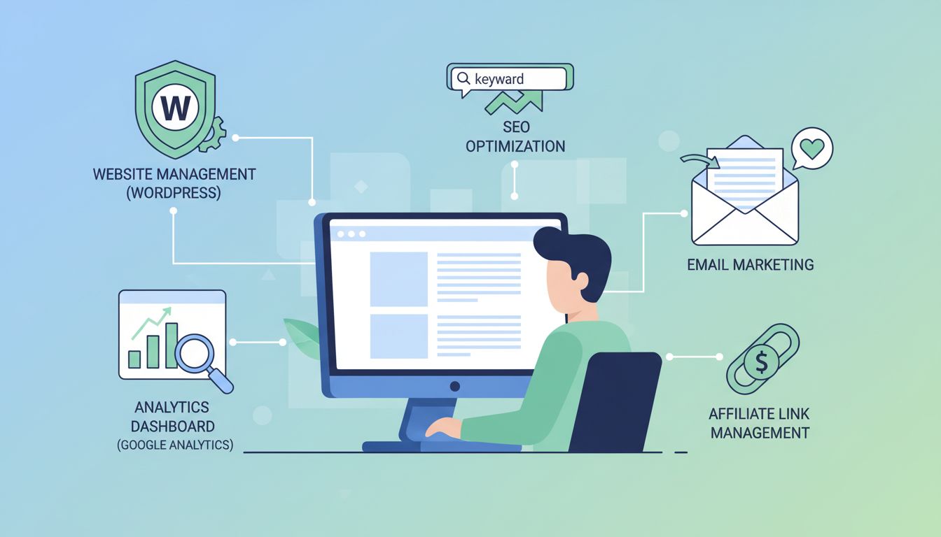 Infografía sobre habilidades técnicas en marketing de afiliados mostrando gestión de sitios web, analítica, SEO, email marketing y gestión de enlaces
