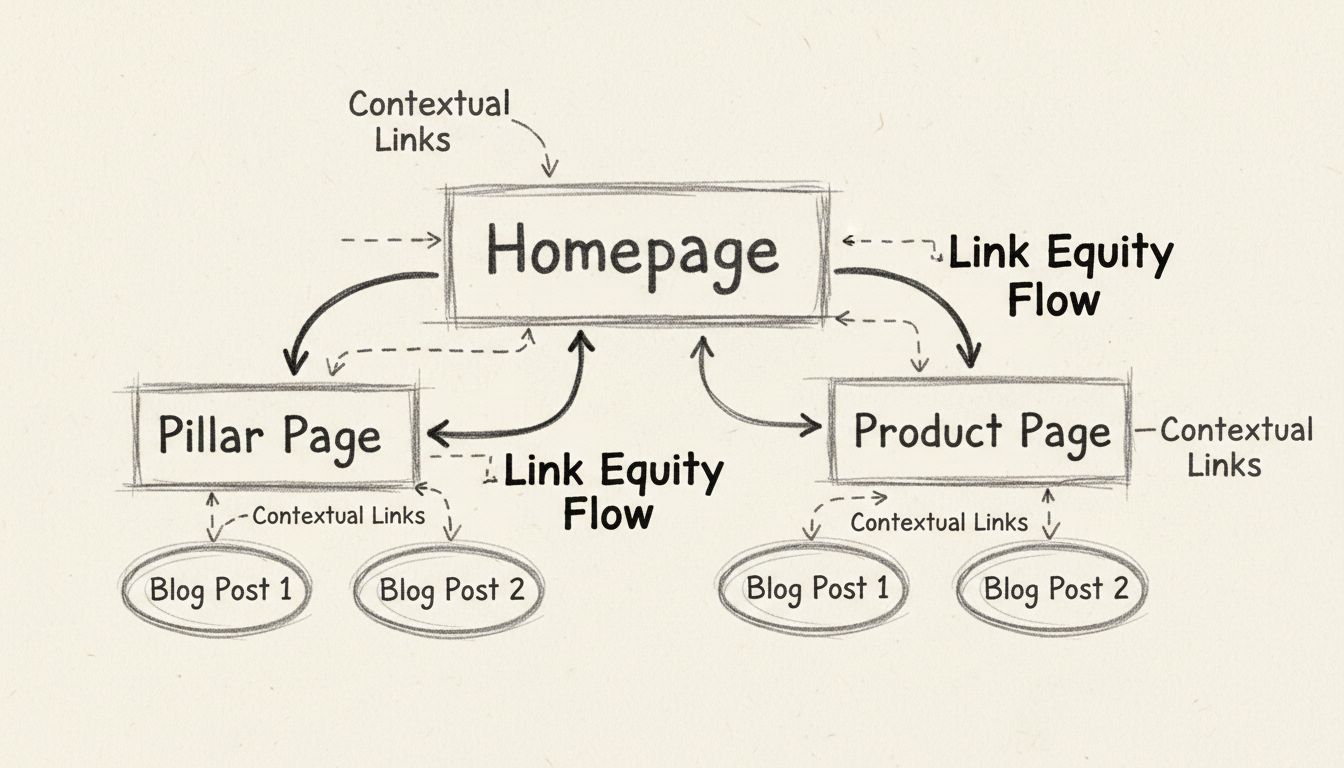 Diagrama dibujado a mano que muestra la estructura de enlazado interno con la página de inicio conectada a páginas pilar, publicaciones de blog y páginas de productos con flechas que indican el flujo de autoridad