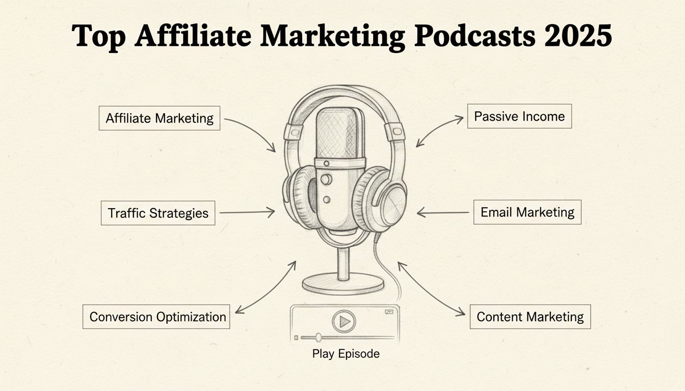 Diagrama dibujado a mano de micrófono de podcast con temas de marketing de afiliados