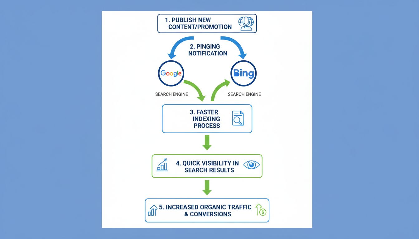 Infografía mostrando cómo el ping beneficia a los marketers de afiliados, desde la publicación de contenido hasta la notificación al motor de búsqueda, logrando una indexación más rápida y más conversiones