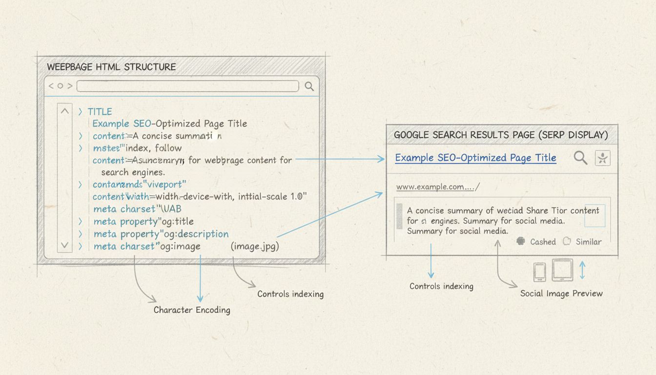Diagrama a mano mostrando la estructura de metaetiquetas HTML y cómo se conectan con la visualización en la página de resultados de buscadores