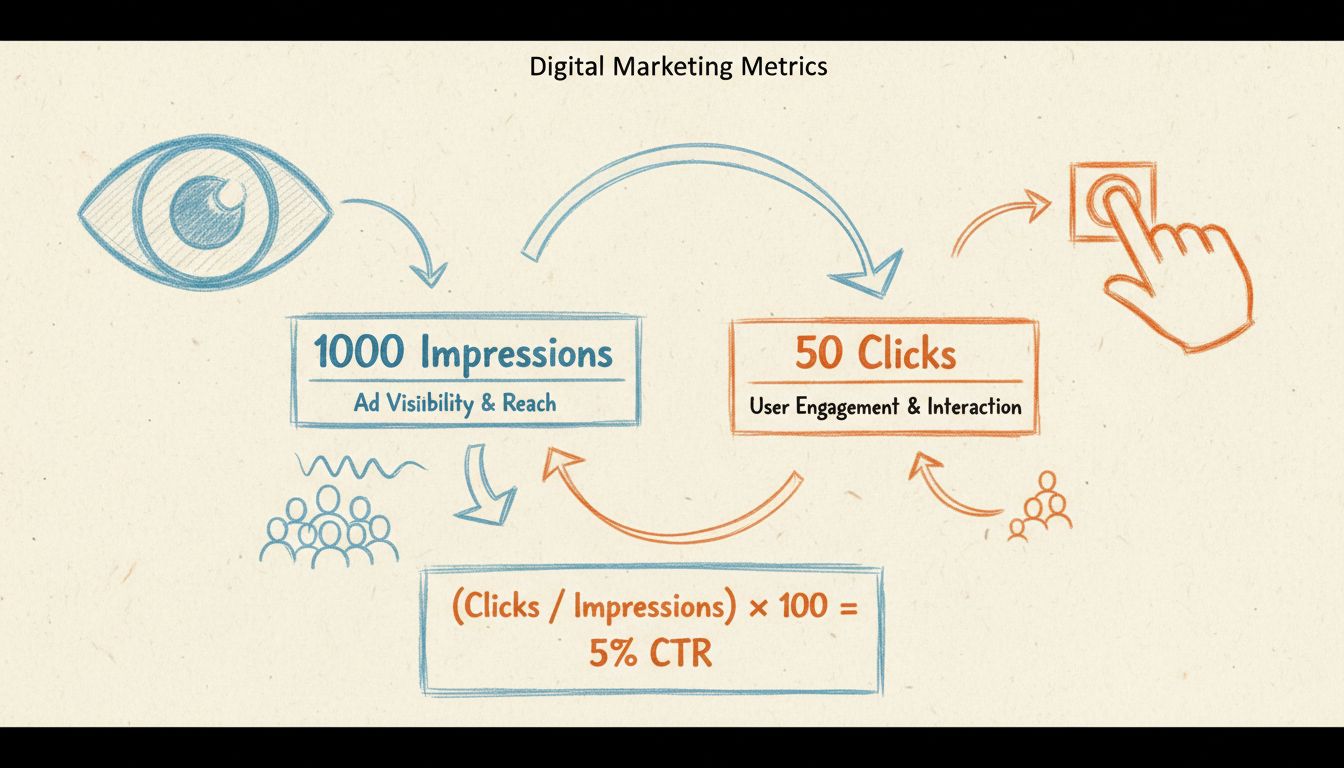 Hand-drawn diagram showing the difference between impressions and clicks with eye icon for impressions and hand clicking icon for clicks