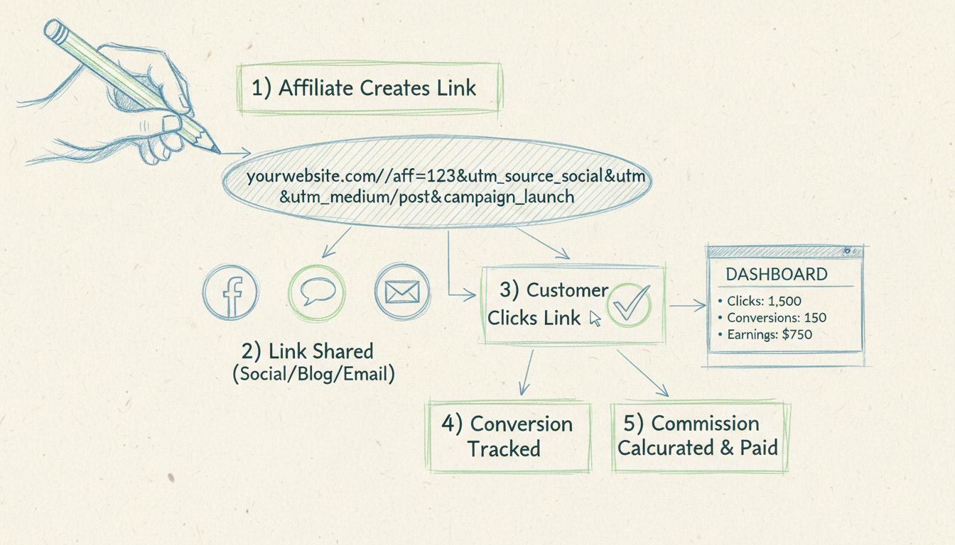 Diagrama del flujo de trabajo de seguimiento de enlaces de afiliado mostrando el proceso completo desde la creación del enlace hasta el pago de la comisión por conversión