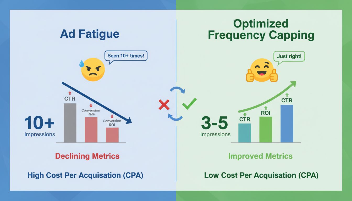 Comparación de límite de frecuencia: fatiga publicitaria vs límite de frecuencia optimizado mostrando mejora en las métricas