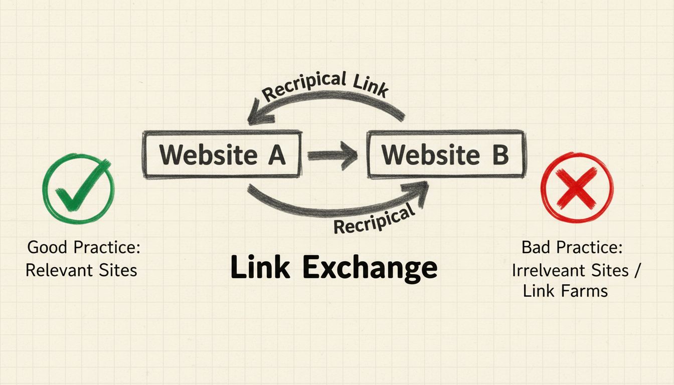 Diagrama hecho a mano que muestra el enlace recíproco entre dos sitios web con símbolos de verificación y equis indicando buenas y malas prácticas