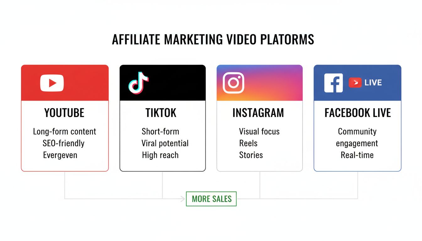 Comparación de las plataformas YouTube, TikTok, Instagram y Facebook Live para videos de marketing de afiliados