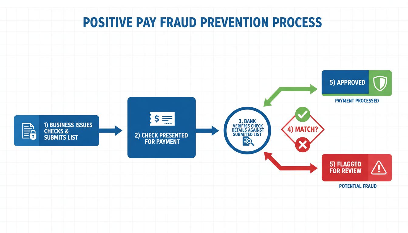 Diagrama de flujo del proceso de prevención de fraude con Positive Pay que muestra los pasos de verificación de cheques desde su emisión hasta la aprobación o el rechazo