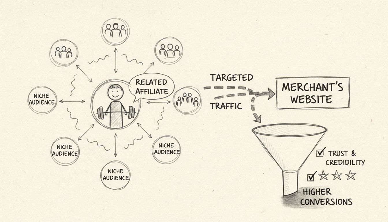 Diagrama a mano alzada que muestra cómo los afiliados relacionados dirigen tráfico segmentado a través de audiencias de nicho hacia sitios web de comercios con mayores tasas de conversión y señales de confianza