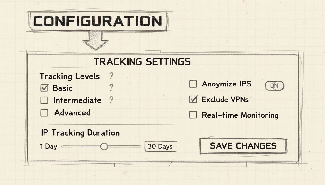 Interfaz de configuración de seguimiento de IP mostrando el panel de ajustes de Niveles de seguimiento con control deslizante de duración y opciones de guardar