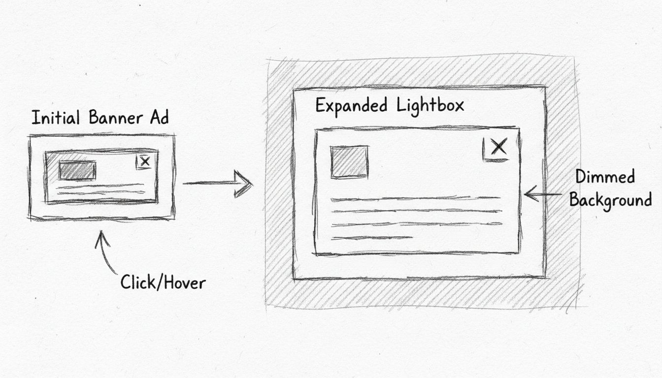 Diagrama hecho a mano que muestra cómo los banners lightbox se expanden desde un anuncio pequeño inicial hasta una superposición de pantalla completa con el fondo atenuado