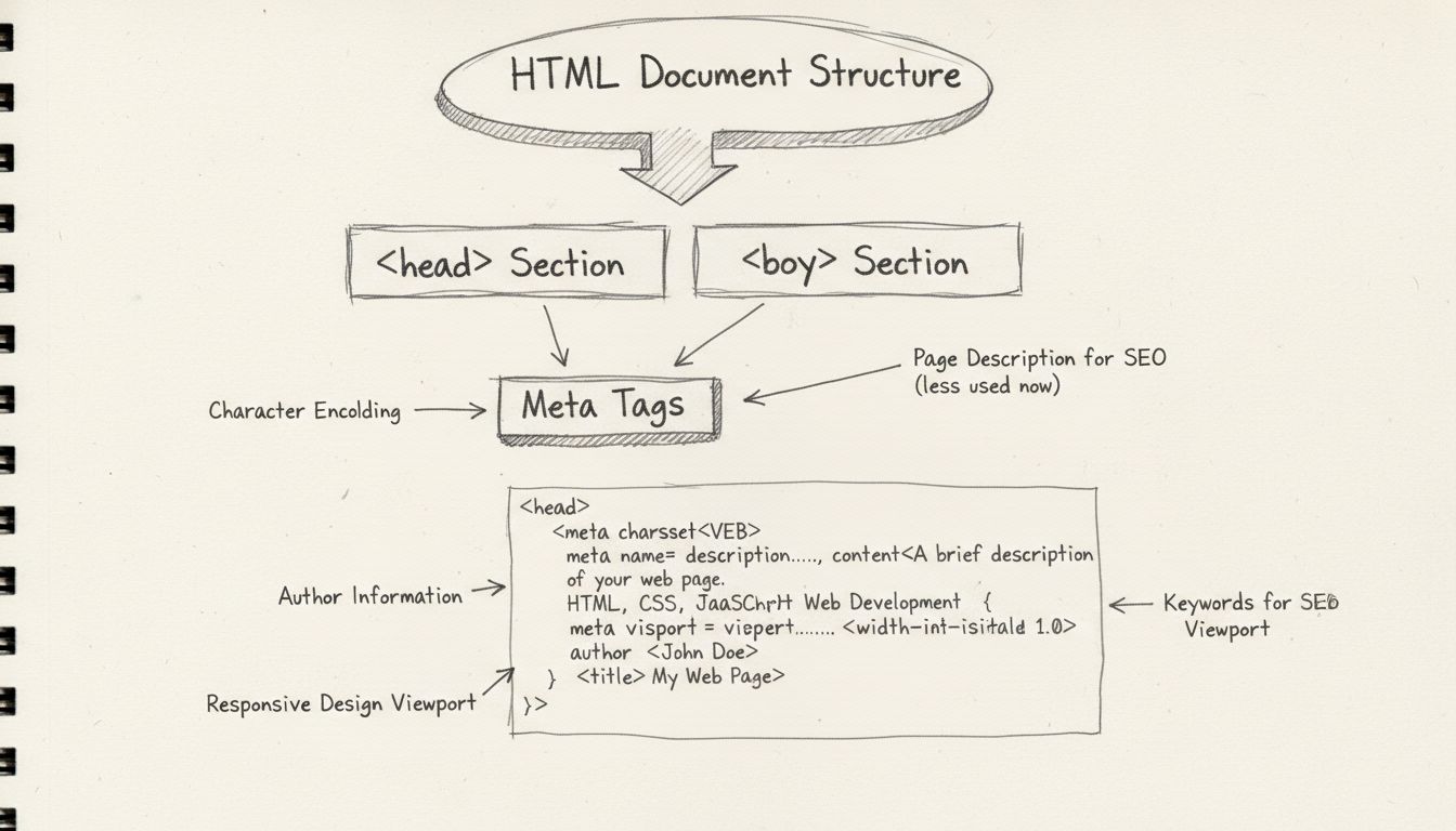 Diagrama de estructura de metaetiquetas HTML mostrando la sección head con charset, description, keywords, author y viewport
