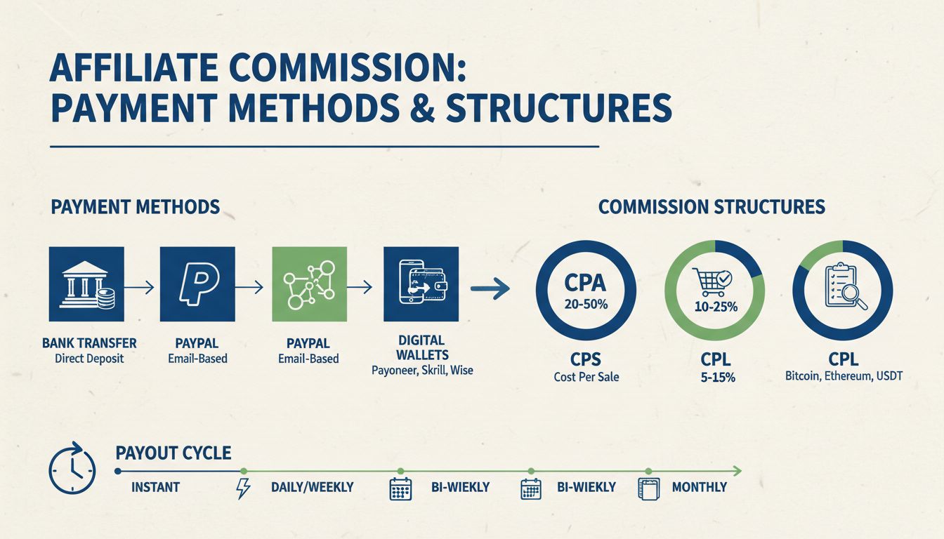 Infografía de métodos de pago y estructuras de comisiones de afiliados mostrando modelos CPA, CPS, CPL y diversas opciones de pago
