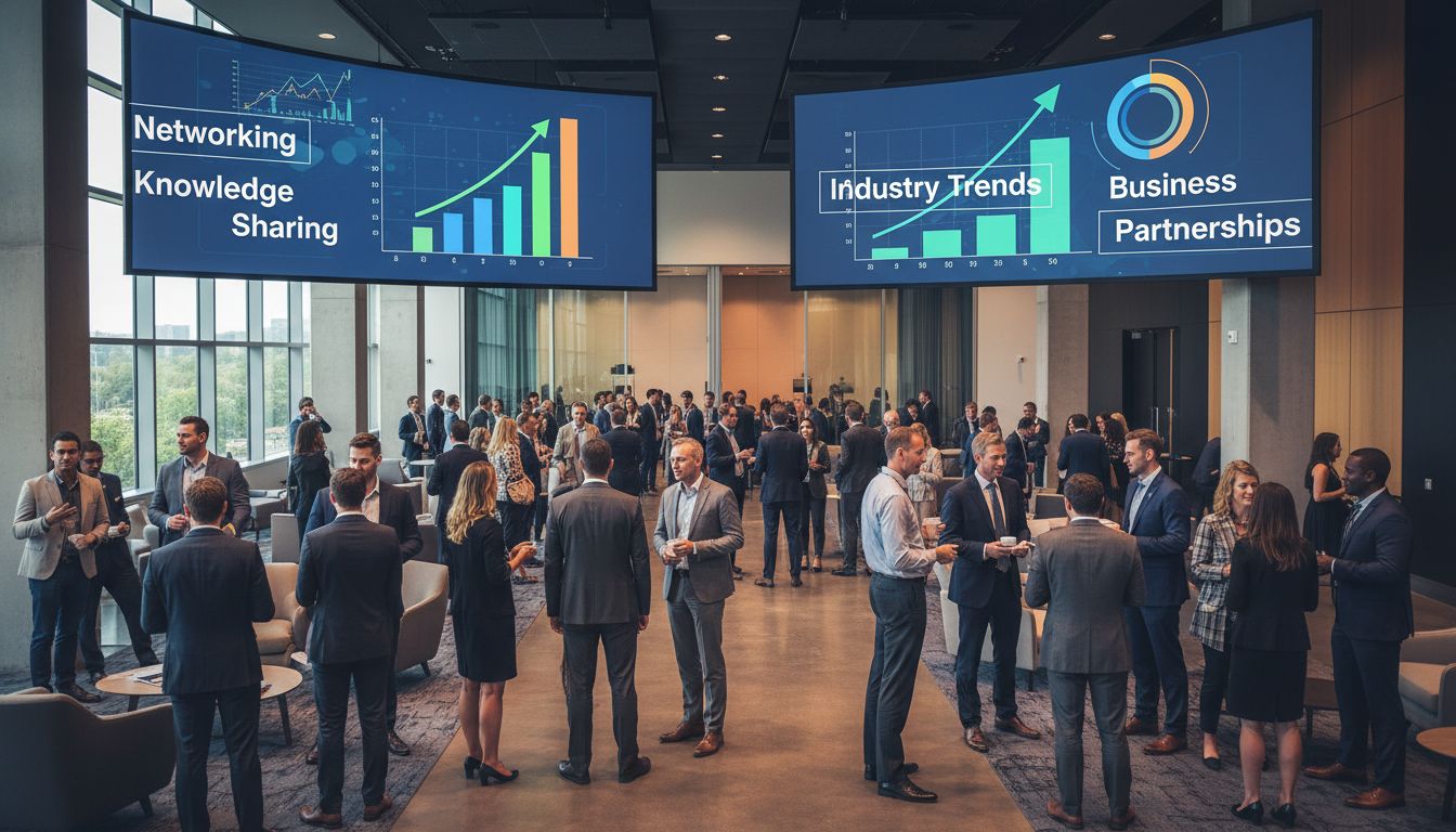 Conferencia profesional de marketing con profesionales haciendo networking y discutiendo estrategias y tendencias del sector