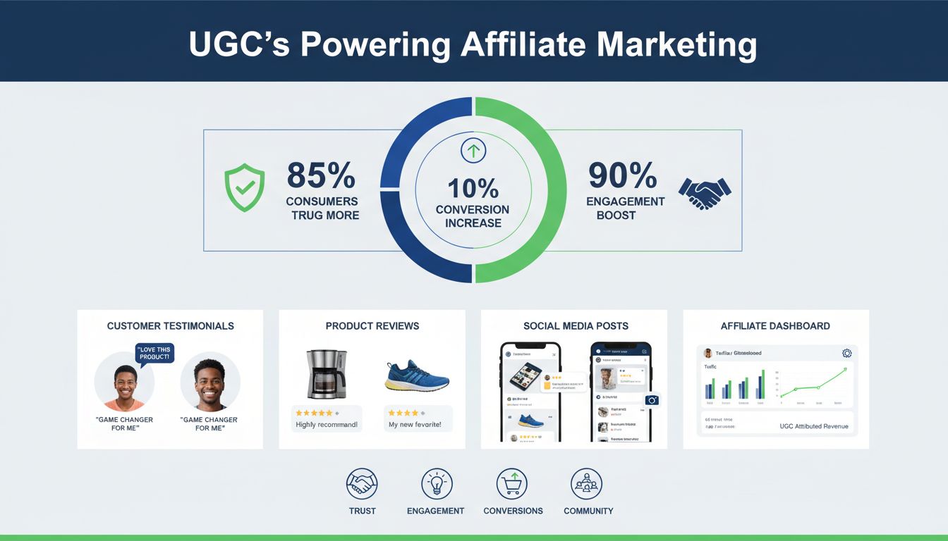 Impacto del UGC en el marketing de afiliados mostrando estadísticas de 85% de confianza del consumidor, 10% de aumento en conversiones y 90% de incremento en interacción