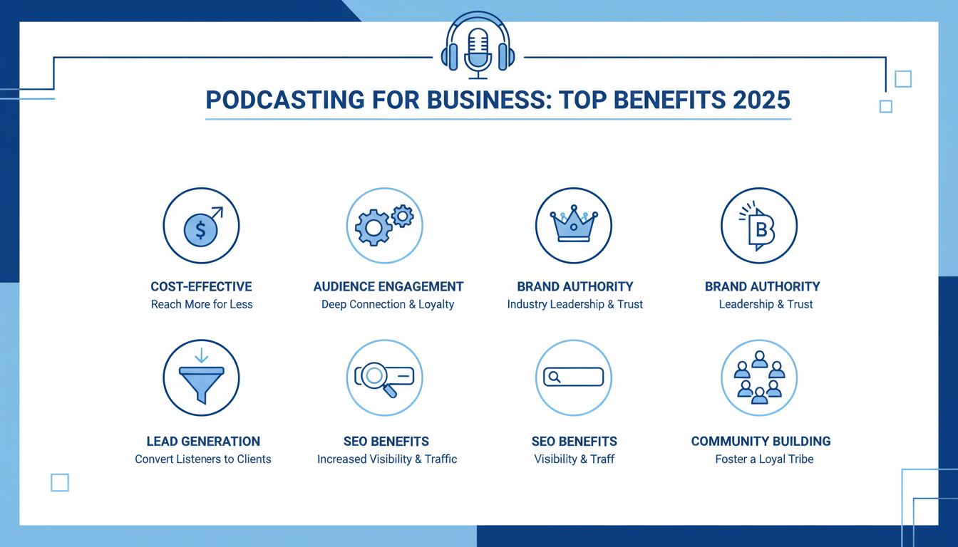 Infografía que muestra los principales beneficios del podcasting, incluyendo rentabilidad, participación de audiencia, autoridad de marca, generación de leads, beneficios SEO y construcción de comunidad