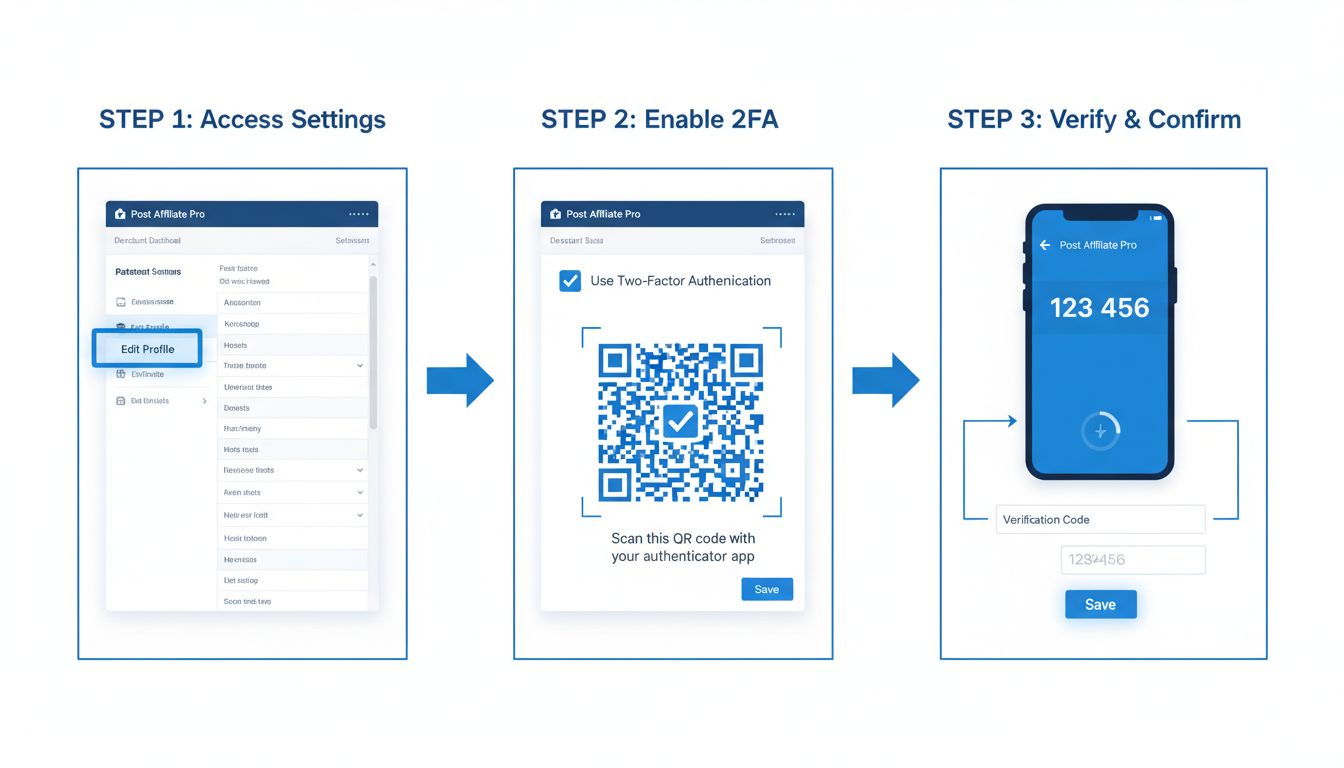 Proceso de configuración de la autenticación en dos factores en Post Affiliate Pro mostrando la sección Editar perfil, escaneo de código QR y entrada del código de verificación