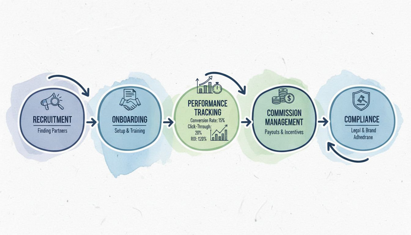 Flujo de trabajo de gestión de programas de afiliados que muestra reclutamiento, incorporación, seguimiento de rendimiento, gestión de comisiones y etapas de cumplimiento