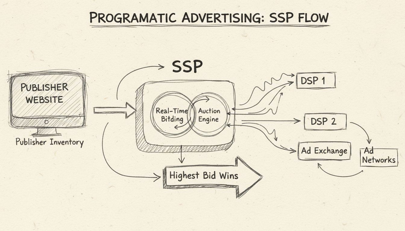 Diagrama a mano alzada que muestra la arquitectura SSP con inventario del editor, motor de puja en tiempo real y múltiples fuentes de demanda compitiendo por espacios publicitarios