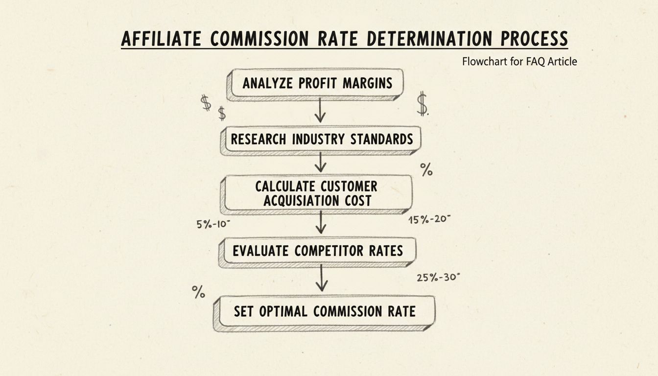 Diagrama de flujo que muestra el proceso de determinación de tarifas de comisión de afiliados con los pasos: Analizar márgenes de ganancia, Investigar estándares de la industria, Calcular costo de adquisición de cliente, Evaluar tarifas de competidores y Establecer la tarifa óptima de comisión