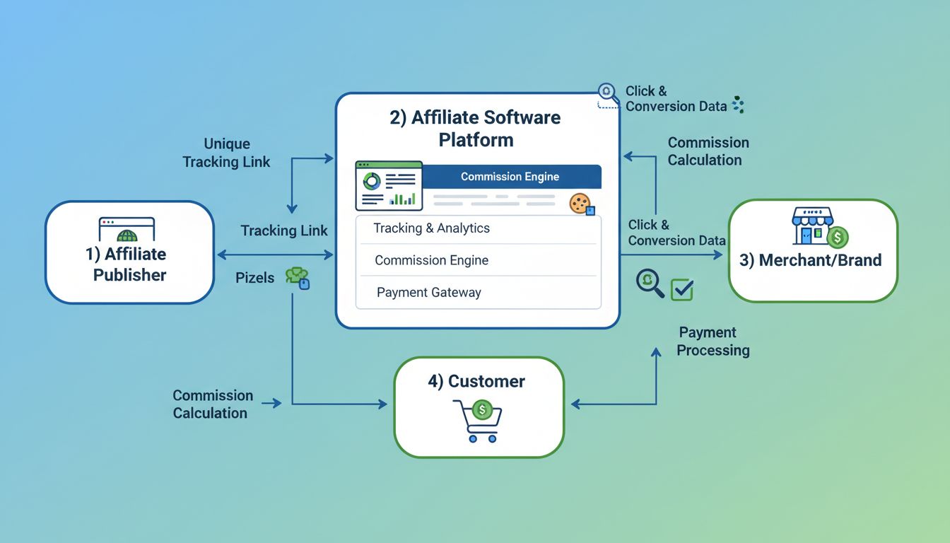 Diagrama técnico que muestra cómo funciona el software de afiliados con seguimiento, cálculo de comisiones y procesamiento de pagos