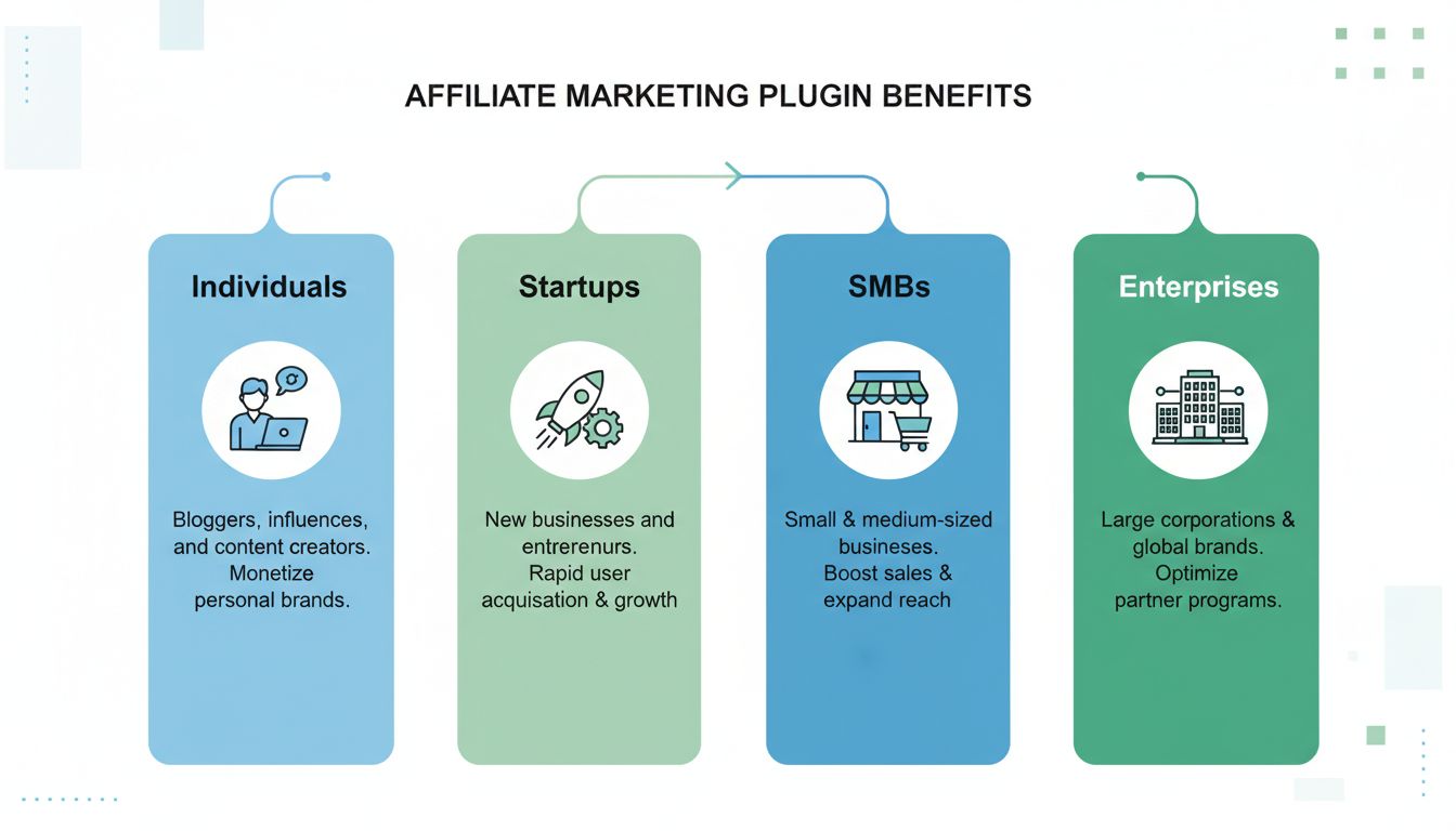 Segmentos de usuarios que se benefician de los plugins de marketing de afiliados: individuos, startups, pymes y empresas