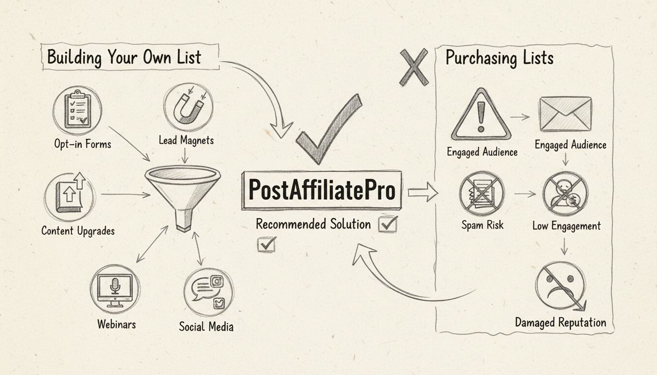 Diagrama comparativo de métodos de construcción de listas de correo: orgánico vs compra de listas
