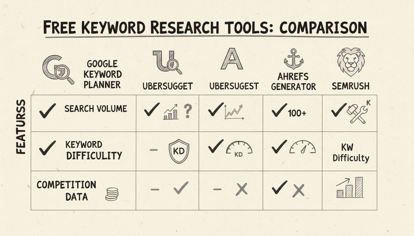 Diagrama comparativo de herramientas gratuitas de investigación de palabras clave mostrando funciones y métricas de Google Keyword Planner, Ubersuggest, Ahrefs y Semrush
