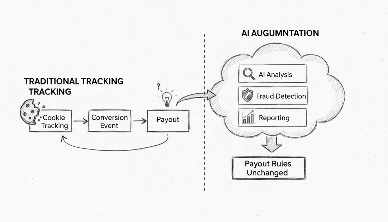 Diagrama del flujo de trabajo de seguimiento de afiliados aumentado con IA que muestra el seguimiento tradicional mejorado con una capa de análisis de IA