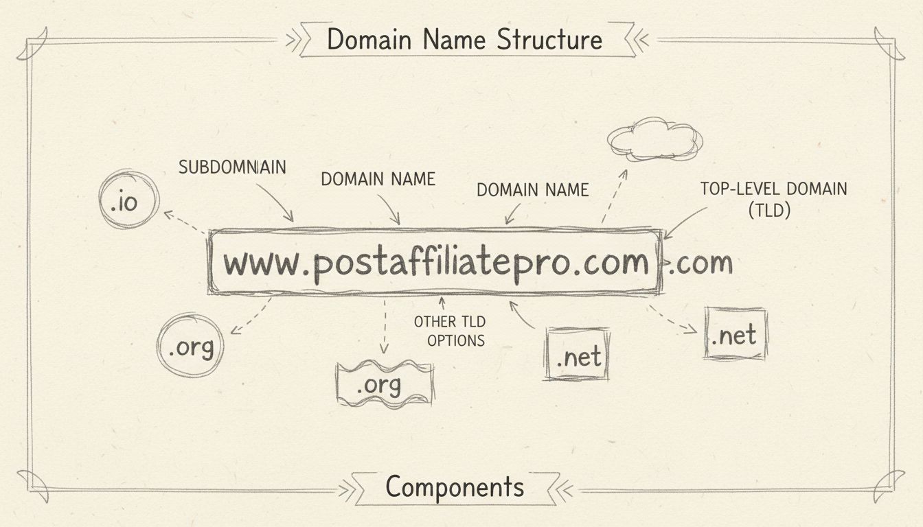 Diagrama de estructura de nombre de dominio que muestra subdominio, nombre de dominio y componentes de TLD con ejemplos de diferentes opciones de dominio de nivel superior