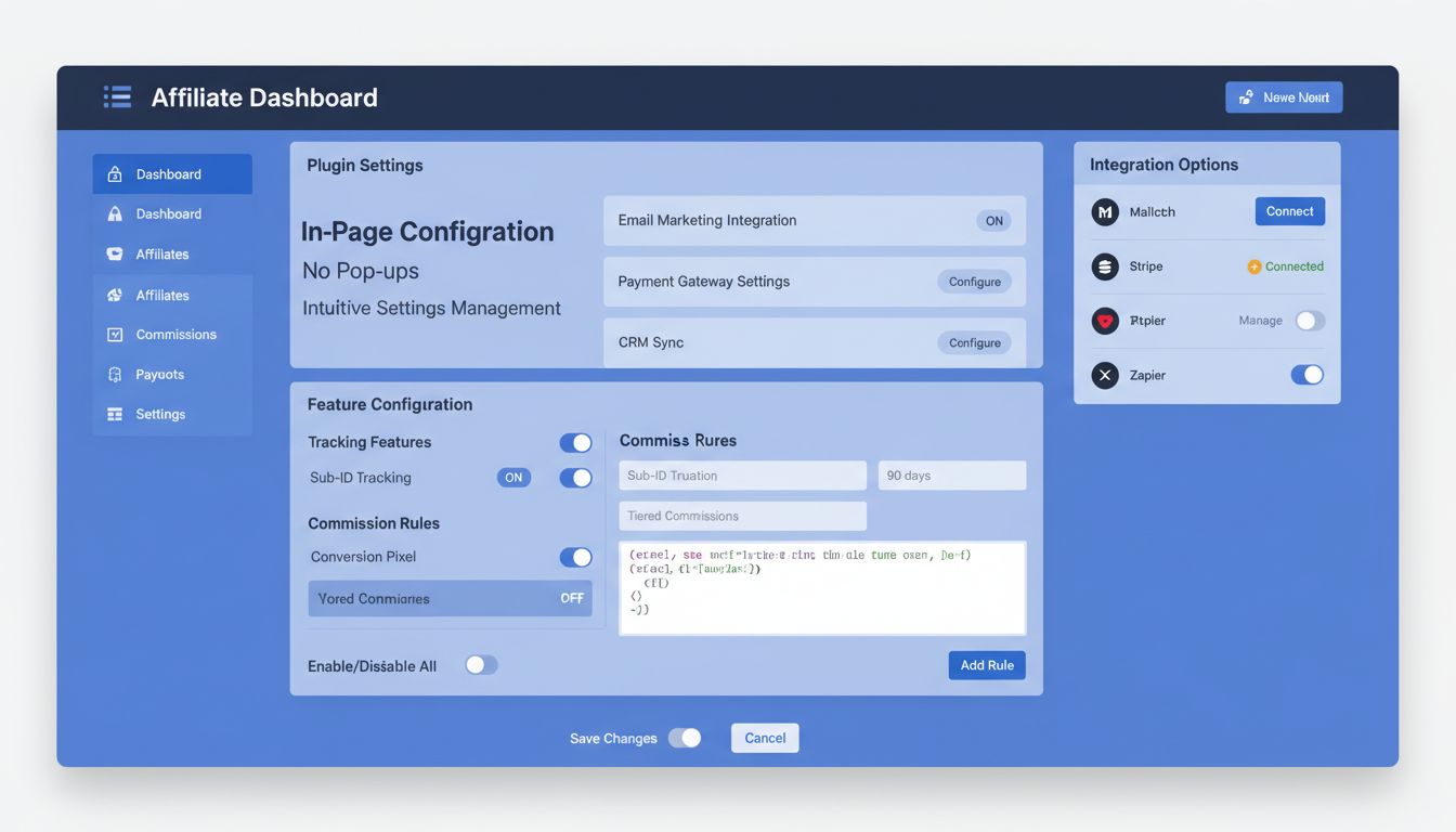 Panel moderno de software de afiliados mostrando la configuración de plugins en la página con interruptores y menús desplegables