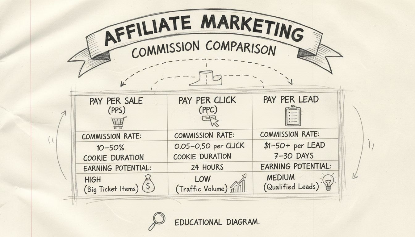 Diagrama comparativo dibujado a mano de modelos de comisión de afiliados mostrando PPS vs PPC vs PPL con tasas, duración de cookie y potencial de ingresos