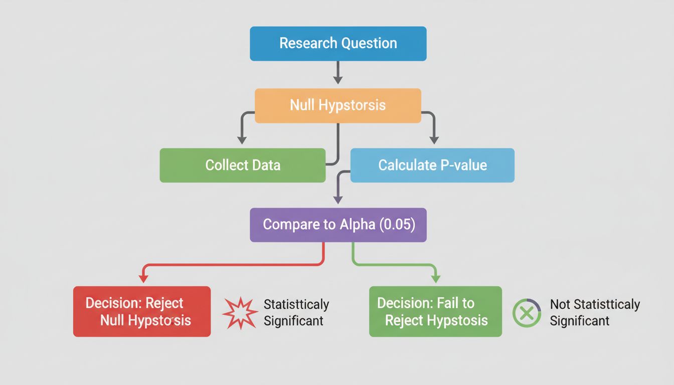 Flujo de trabajo de prueba de hipótesis que muestra la pregunta de investigación, la recolección de datos y la decisión final sobre significancia estadística
