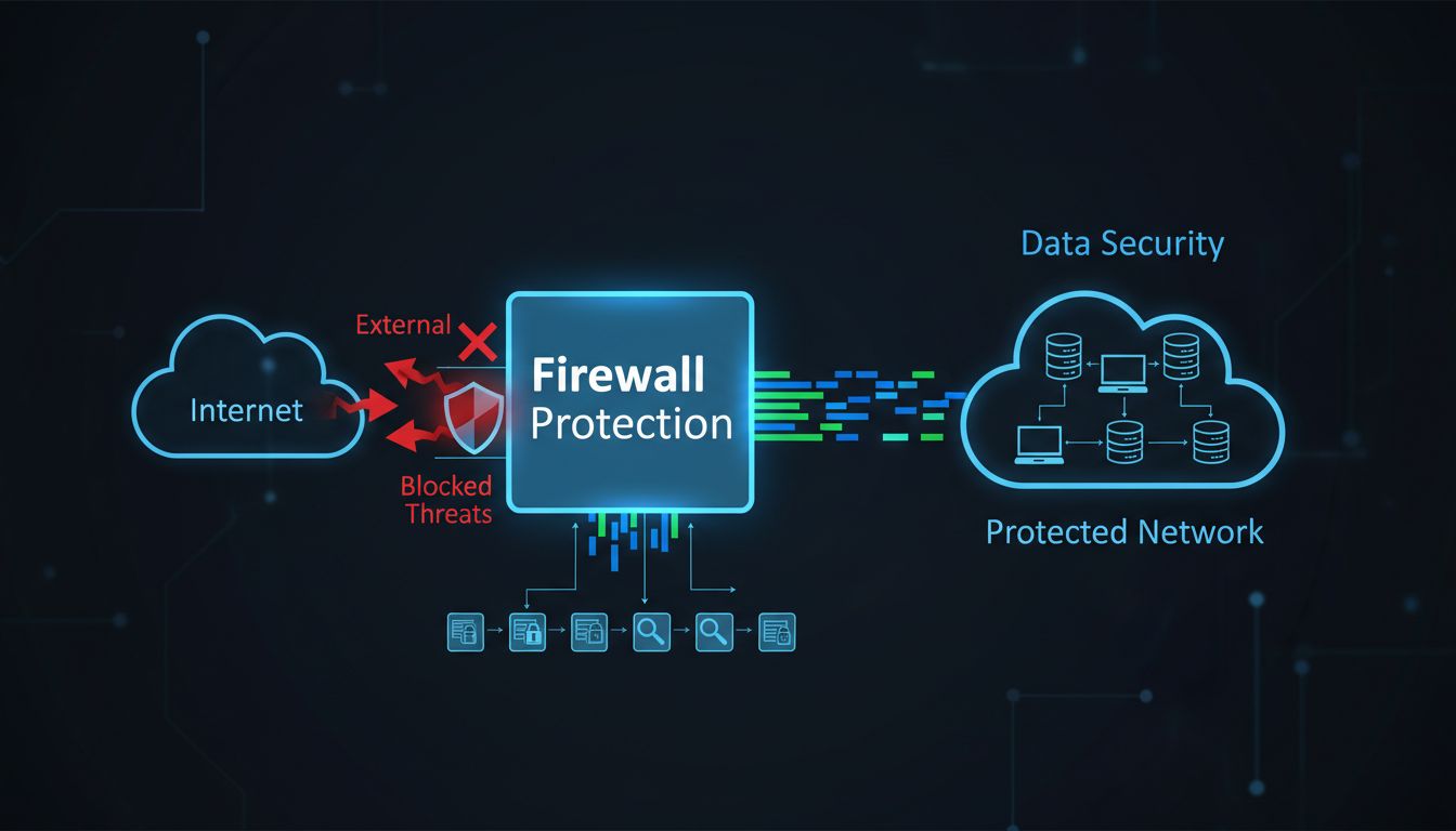 Diagrama de arquitectura de cortafuegos mostrando la protección de la red contra filtraciones de datos con amenazas bloqueadas y red interna protegida