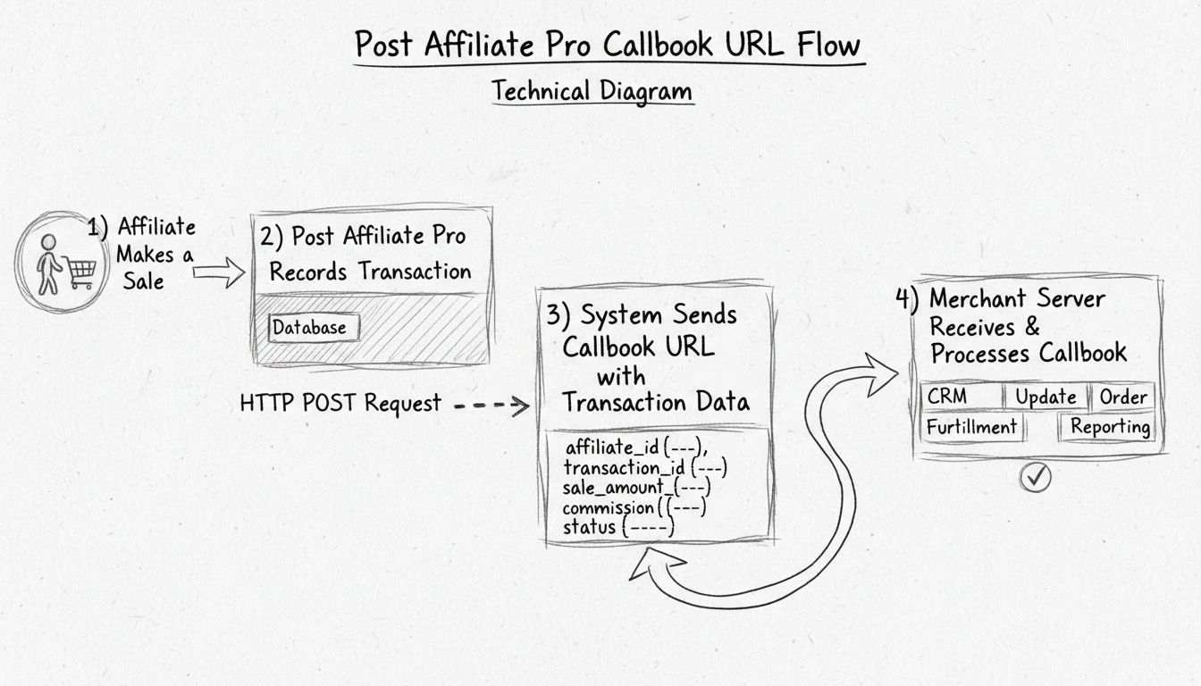 Diagrama de flujo de la URL de callback de Post Affiliate Pro mostrando la secuencia de procesamiento de la transacción