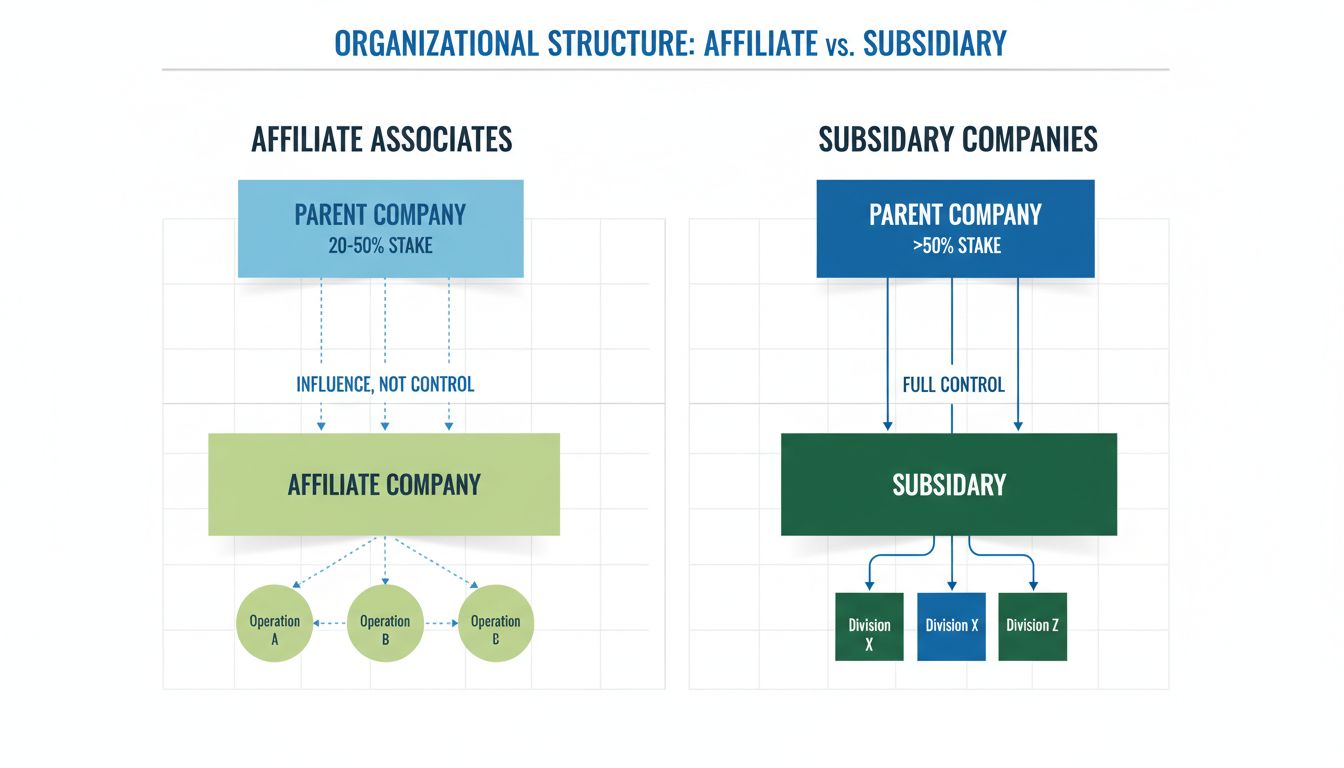 Diagrama de estructura organizacional comparando afiliados asociados (20-50% de propiedad con líneas de influencia punteadas) frente a empresas subsidiarias (>50% de propiedad con líneas de control sólidas)