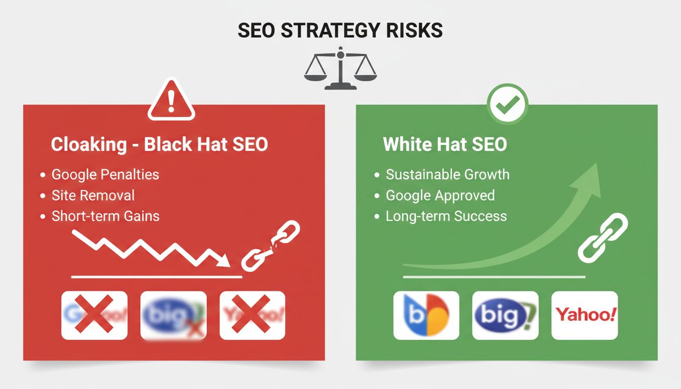 Comparación entre Cloaking Black Hat SEO y White Hat SEO - Riesgos y Beneficios