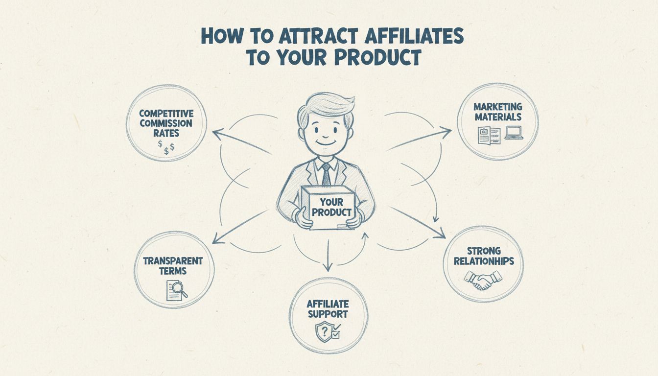 Diagrama dibujado a mano que muestra una estrategia de reclutamiento de afiliados, con un propietario de negocio conectado a múltiples socios afiliados y etiquetas para tasas de comisión, materiales de marketing, términos transparentes, relaciones y soporte