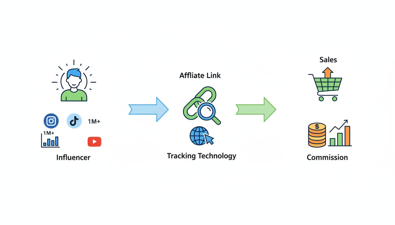 Ecosistema del marketing de afiliados con influencers mostrando influencer, enlace de afiliado, conversión de ventas y flujo de comisiones