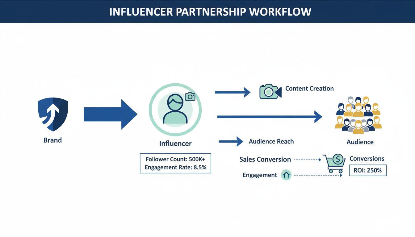 Flujo de trabajo de colaboración con influencers mostrando la conexión de la marca con el influencer, la interacción con la audiencia y métricas de conversión